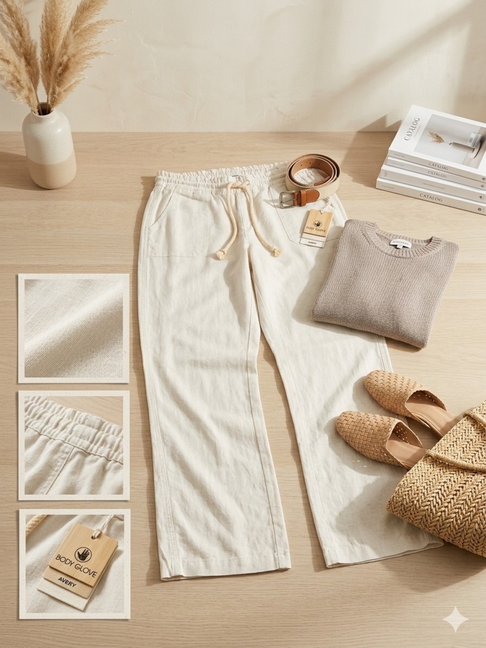 Body Glove Cream Linen-Blend Wide Leg Drawstring Pants